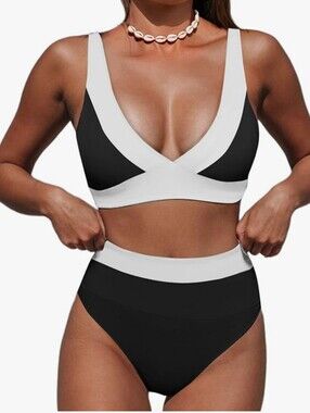 Hilinker. Colorblock High-Waist Bikini Set - Black & White. Large. NWT.